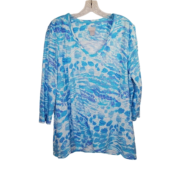 CHICO'S Blue White Print High Low Hem Tunic Tee 3/4 Sleeve V Neck Sz 3 XL - Picture 2 of 6